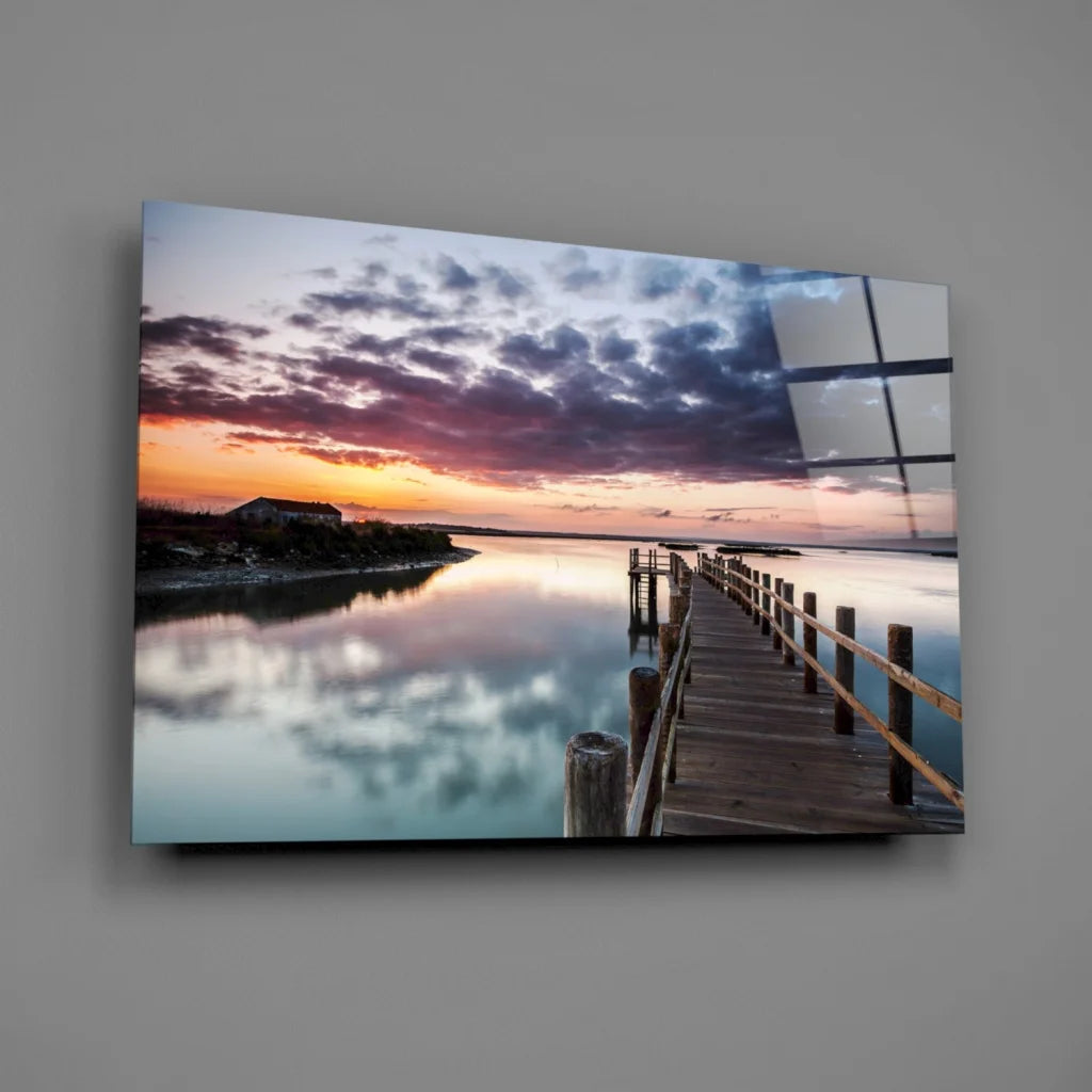 Stunning sunset pier wooden canvas wall art with water reflection