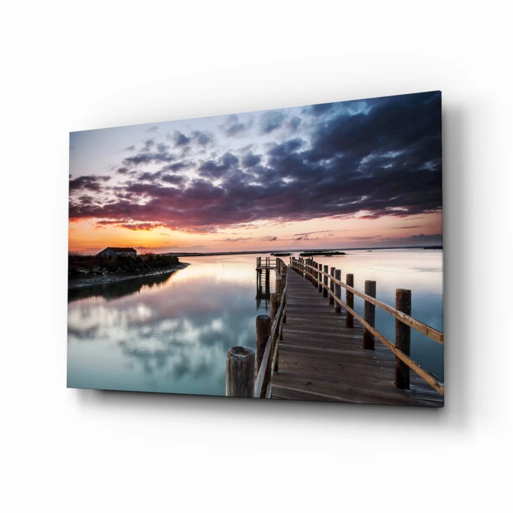 Stunning sunset pier reflection on water wall art canvas print