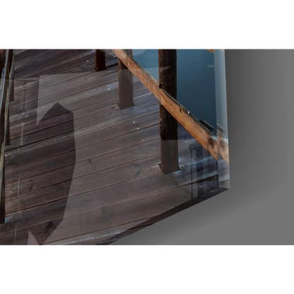 Stunning sunset pier wall art with wooden staircase, glass railing