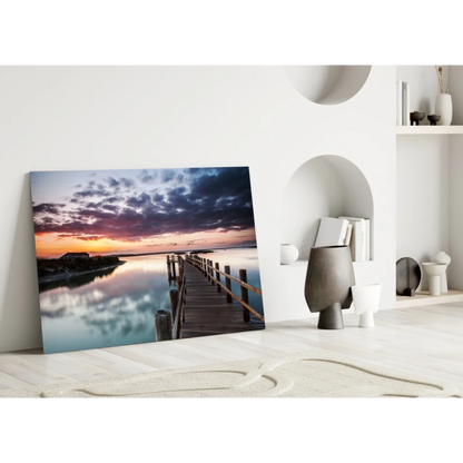 Stunning sunset pier wooden canvas wall art with water reflection