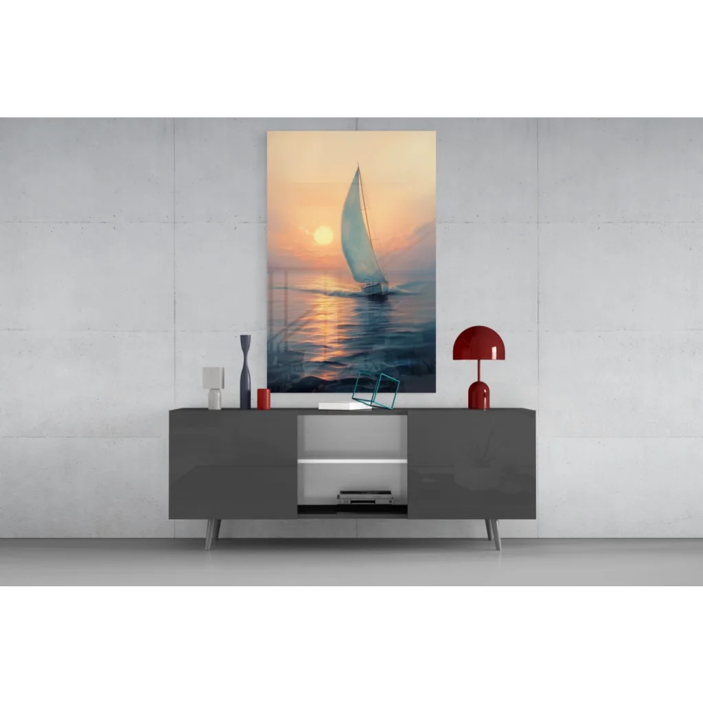Modern glass wall art of stunning sunset sailboat for homes