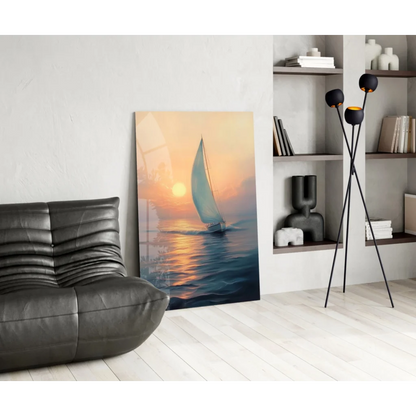 Vibrant sunset sailboat glass wall art on canvas with ocean waves
