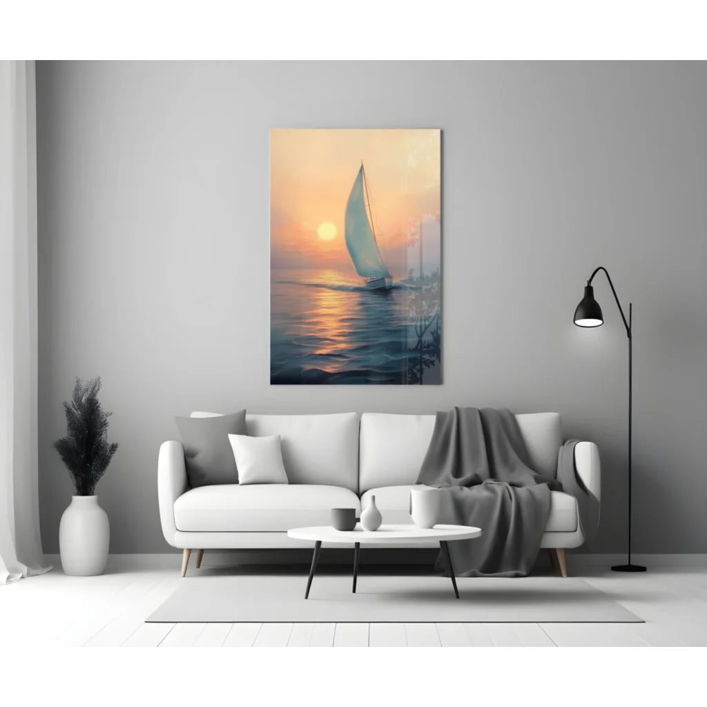 Modern white sofa with gray throw and sunset sailboat glass wall art