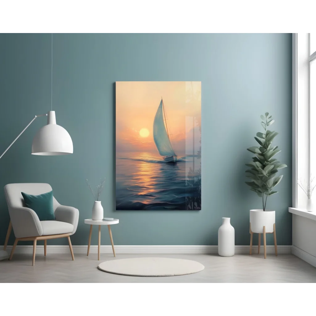 Stunning sunset sailboat glass wall art with vibrant hues