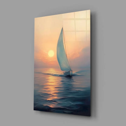 Stunning sunset sailboat with white sails on blue hull in glass wall art