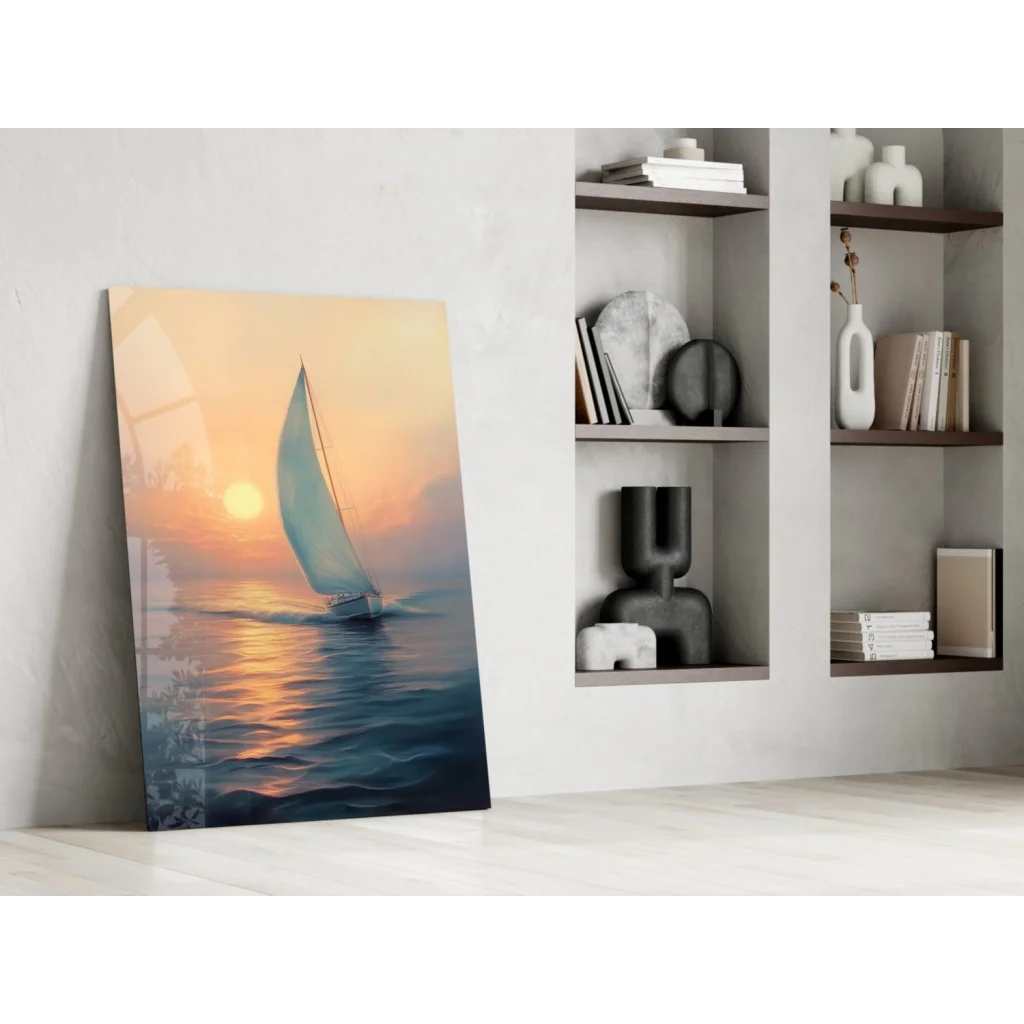 Vibrant sunset sailboat glass wall art for modern homes