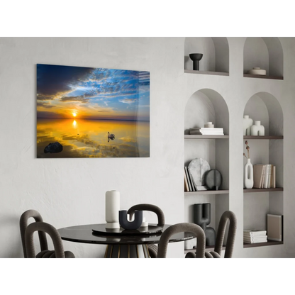 Stunning sunset swan wall art canvas with vibrant ocean colors