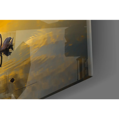 Stunning sunset swan glass wall art with vibrant ocean colors