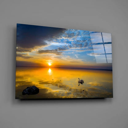 Serene sunset swan canvas wall art with vibrant ocean colors and reflective water