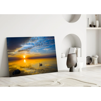 Vibrant sunset over ocean canvas wall art with blues and oranges