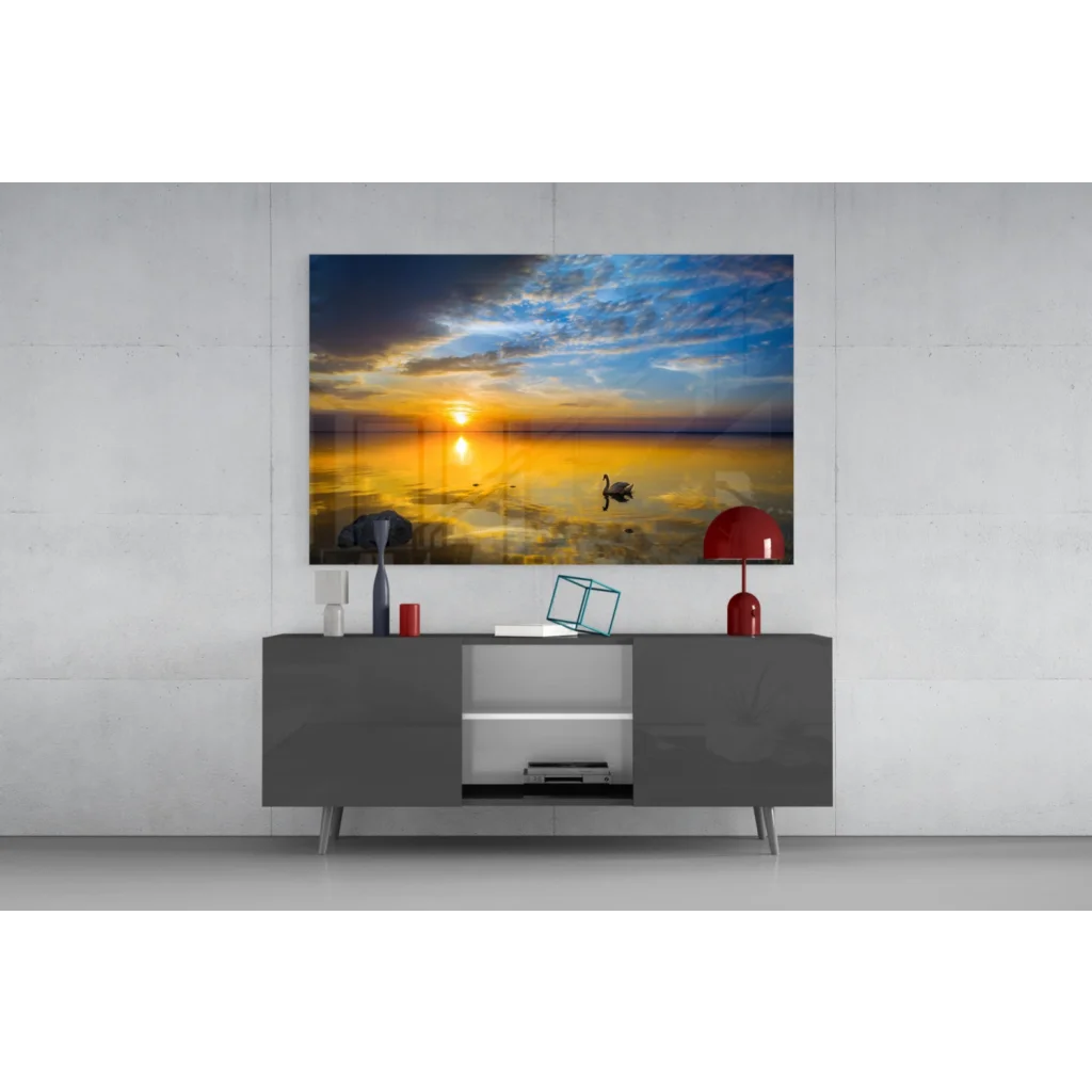 Stunning sunset swan glass wall art with vibrant ocean colors