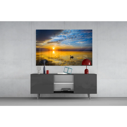 Stunning sunset swan glass wall art with vibrant ocean colors