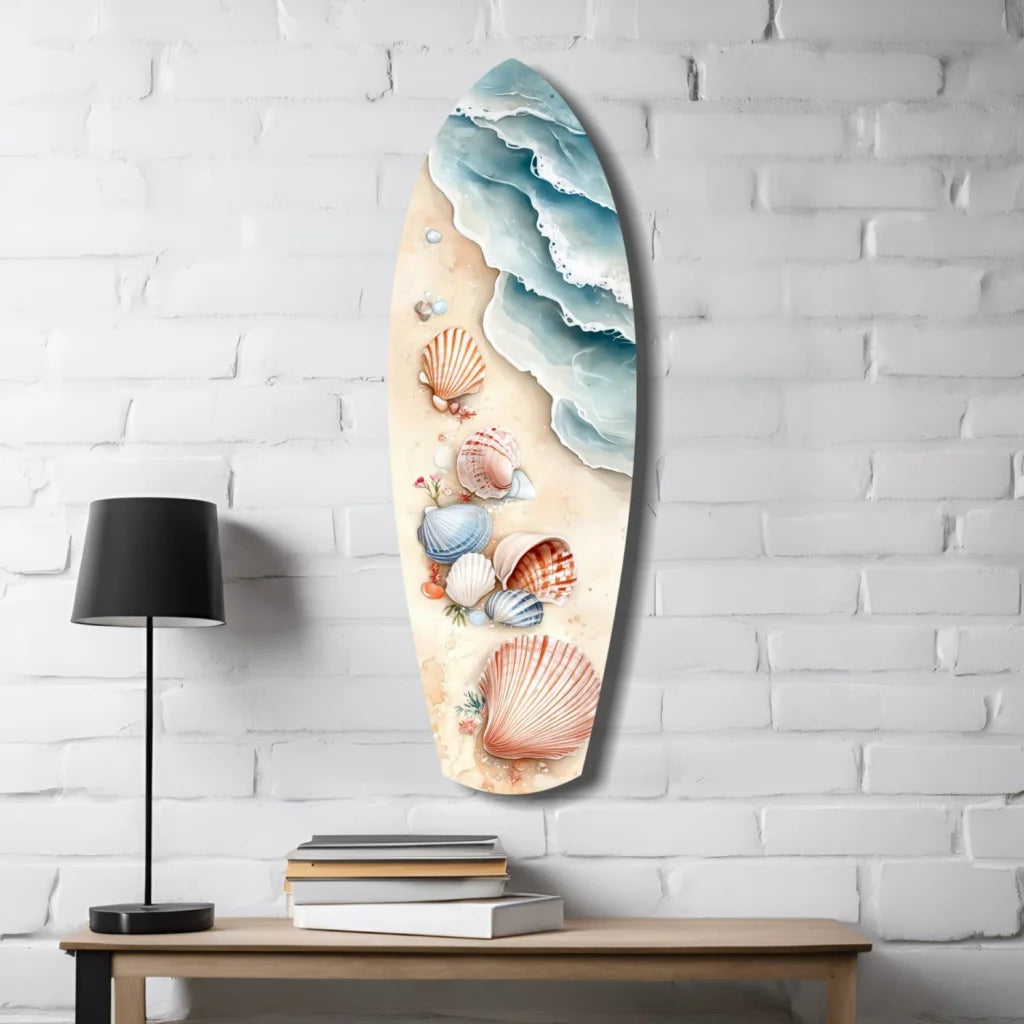 Stunning seashell surfboard tempered glass art with colorful shells and ocean waves