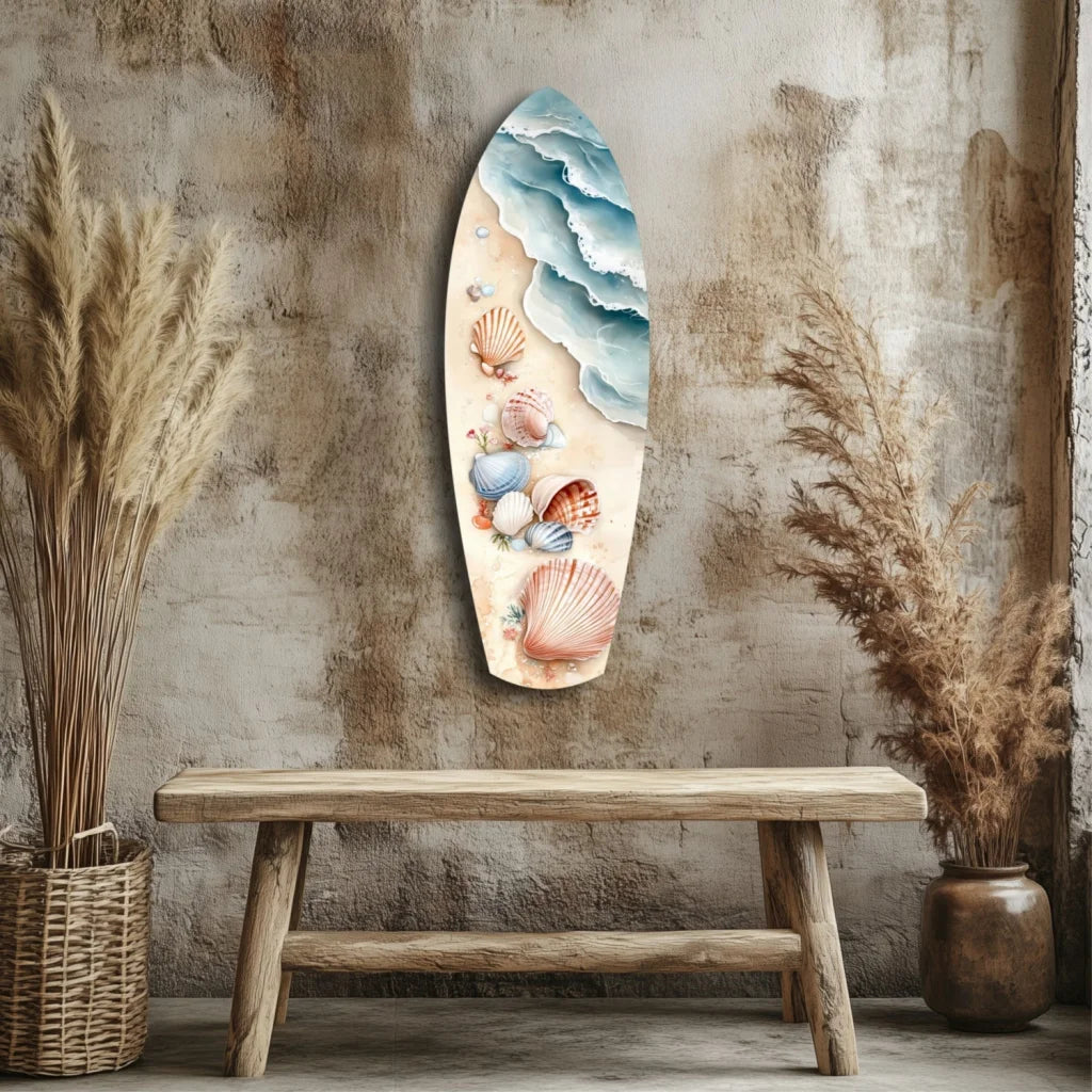 Stunning surfboard tempered glass art with seashell design