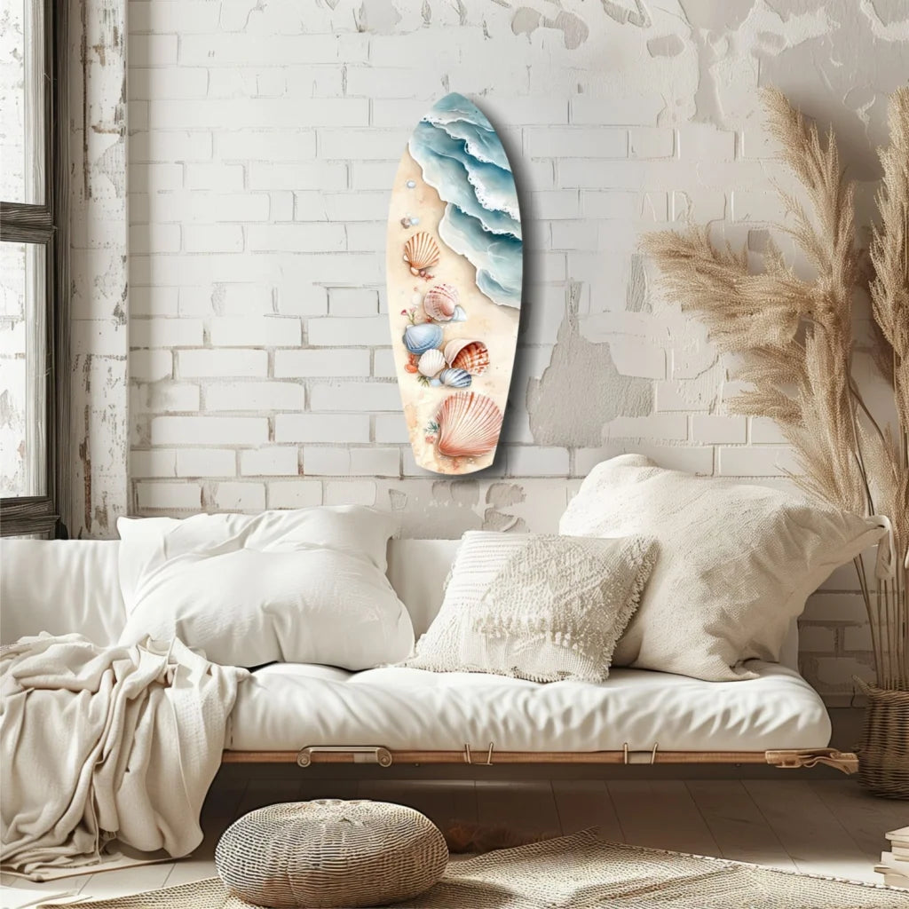 Stunning seashell-themed tempered glass art with beachy surfboard waves