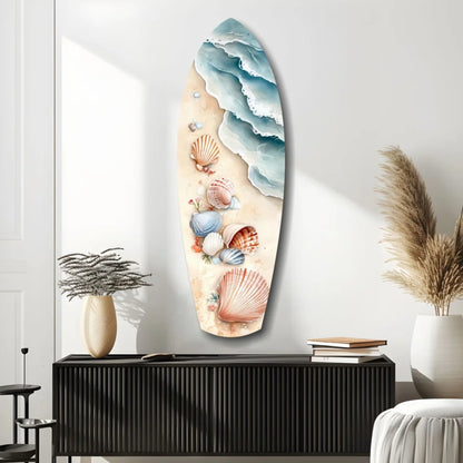 Stunning surfboard tempered glass art with seashell design on blue white waves