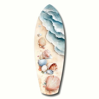 Stunning seashell surfboard tempered glass art in pastel beach scene