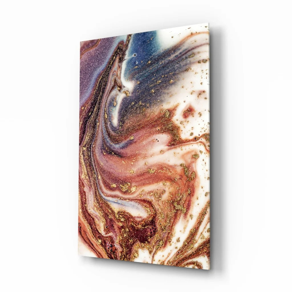 Abstract swirled glass wall art in gold, blue, and white hues on textured canvas