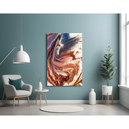 Stunning swirled glass wall art in blue, gold, and white abstract swirls