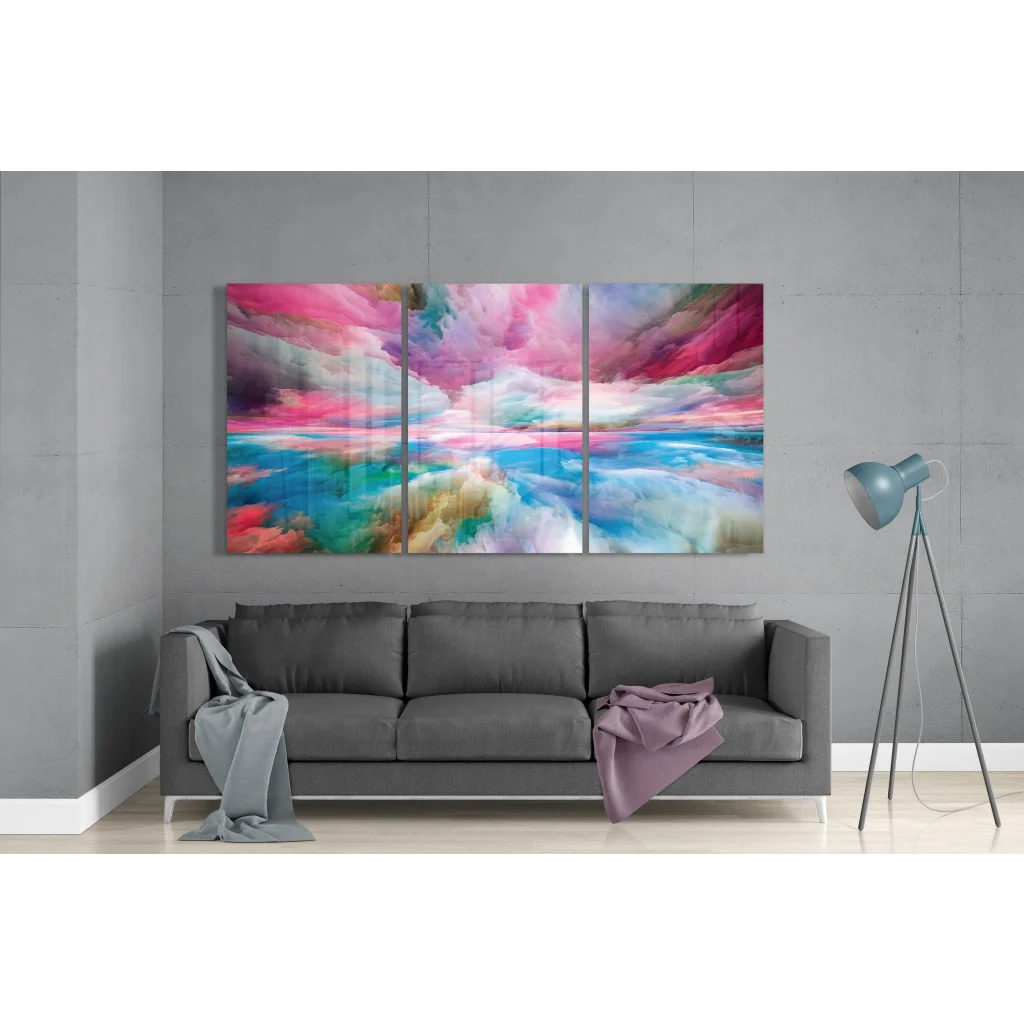 Vibrant swirling clouds glass wall art triptych in pink, blue, teal