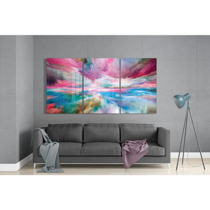 Vibrant swirling clouds glass wall art triptych in pink, blue, teal