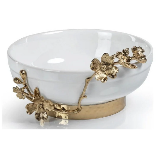 White ceramic bowl large with gold floral base, perfect for Tavolo ceramic decor