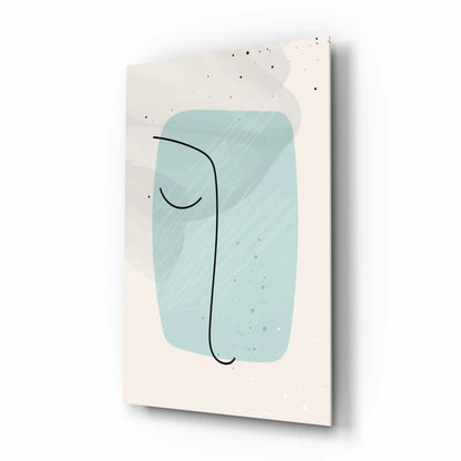 Stunning teal abstract face glass wall art panel with minimalist line drawing