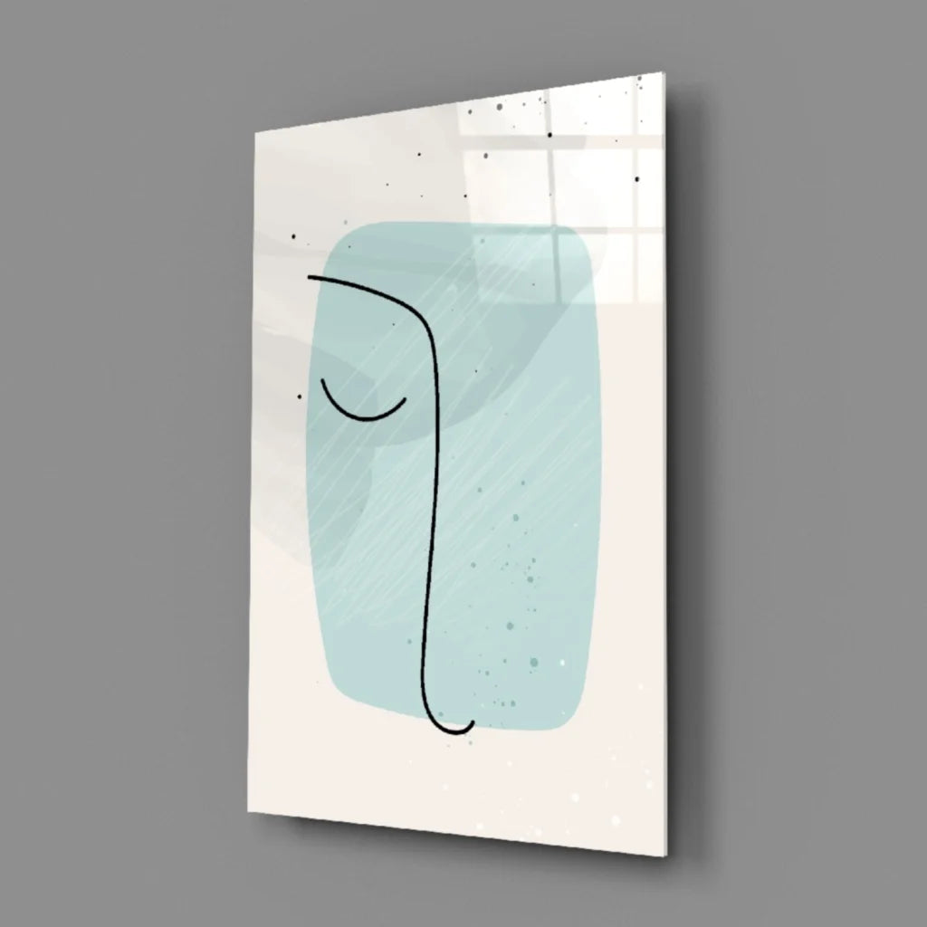 Stunning teal abstract face glass wall art panel with minimalist lines