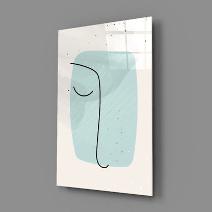 Stunning teal abstract face glass wall art panel with minimalist lines