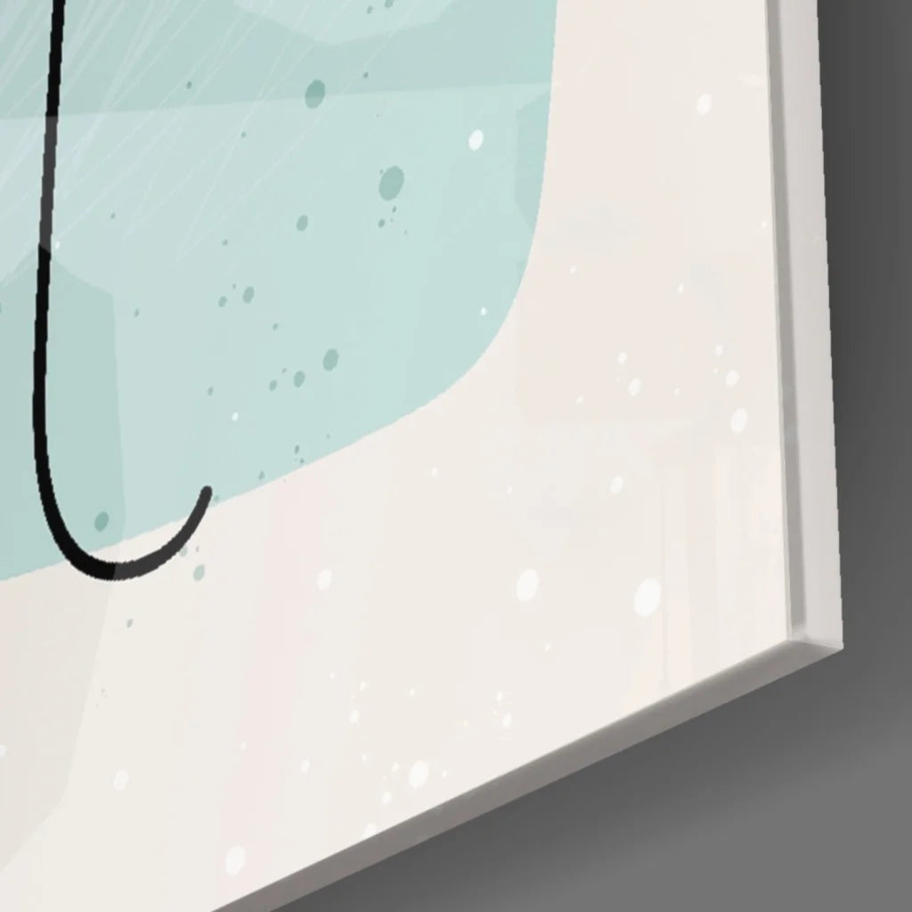 Stunning teal abstract face glass wall art panel with minimalist splash