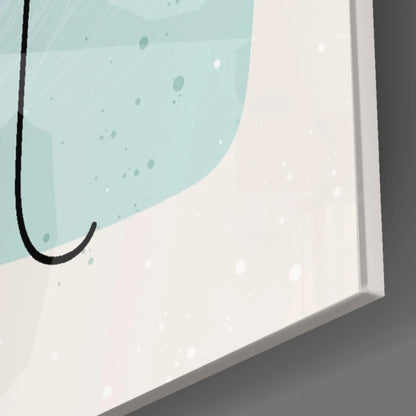 Stunning teal abstract face glass wall art panel with minimalist splash