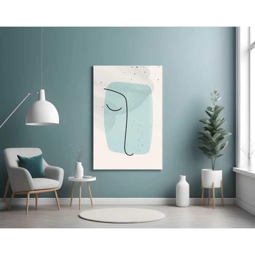 Stunning teal abstract face on cream glass wall art panel