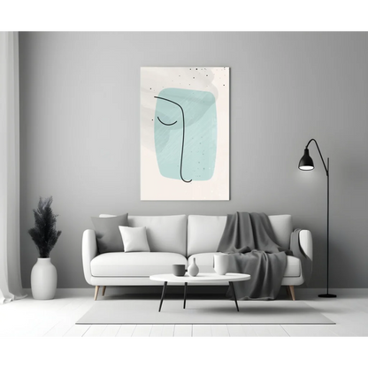 Stunning teal abstract face glass wall art panel on cream background