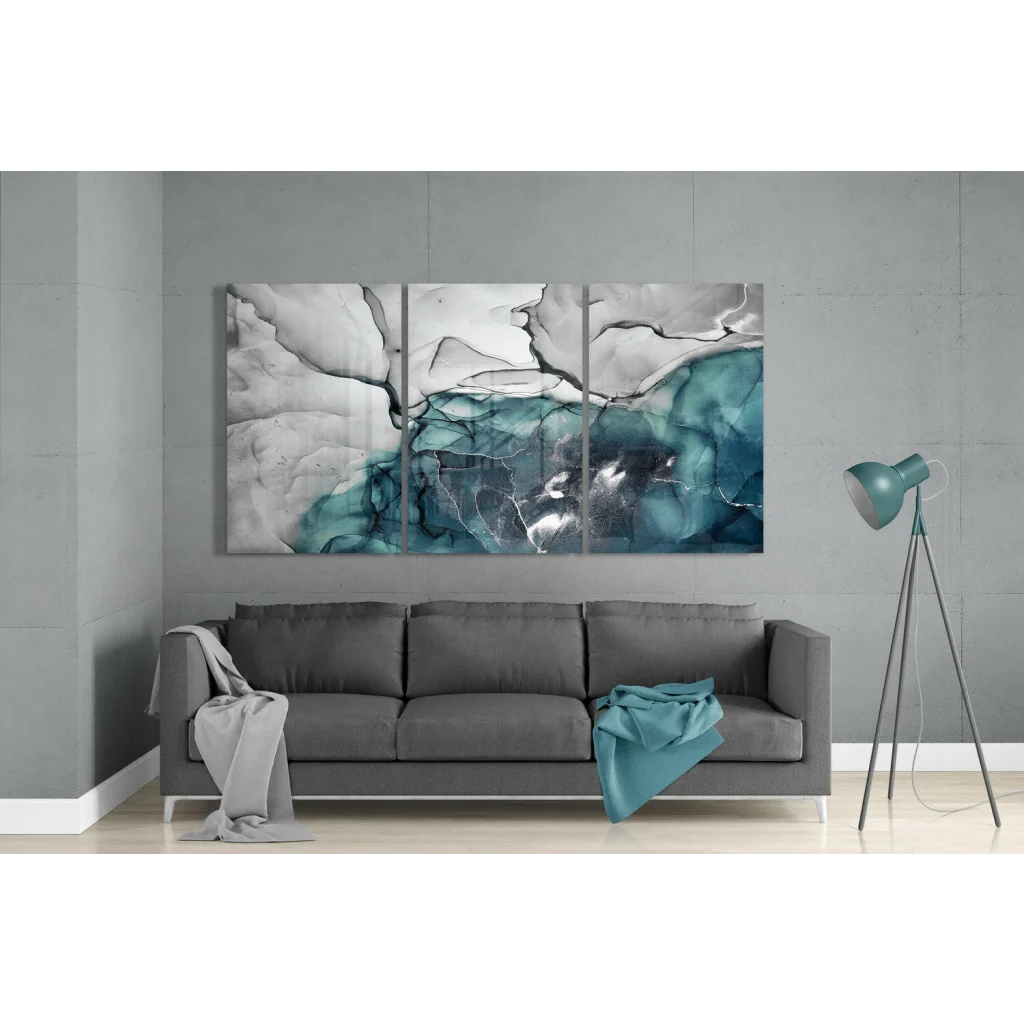 Stunning teal and white abstract glass wall art triptych set