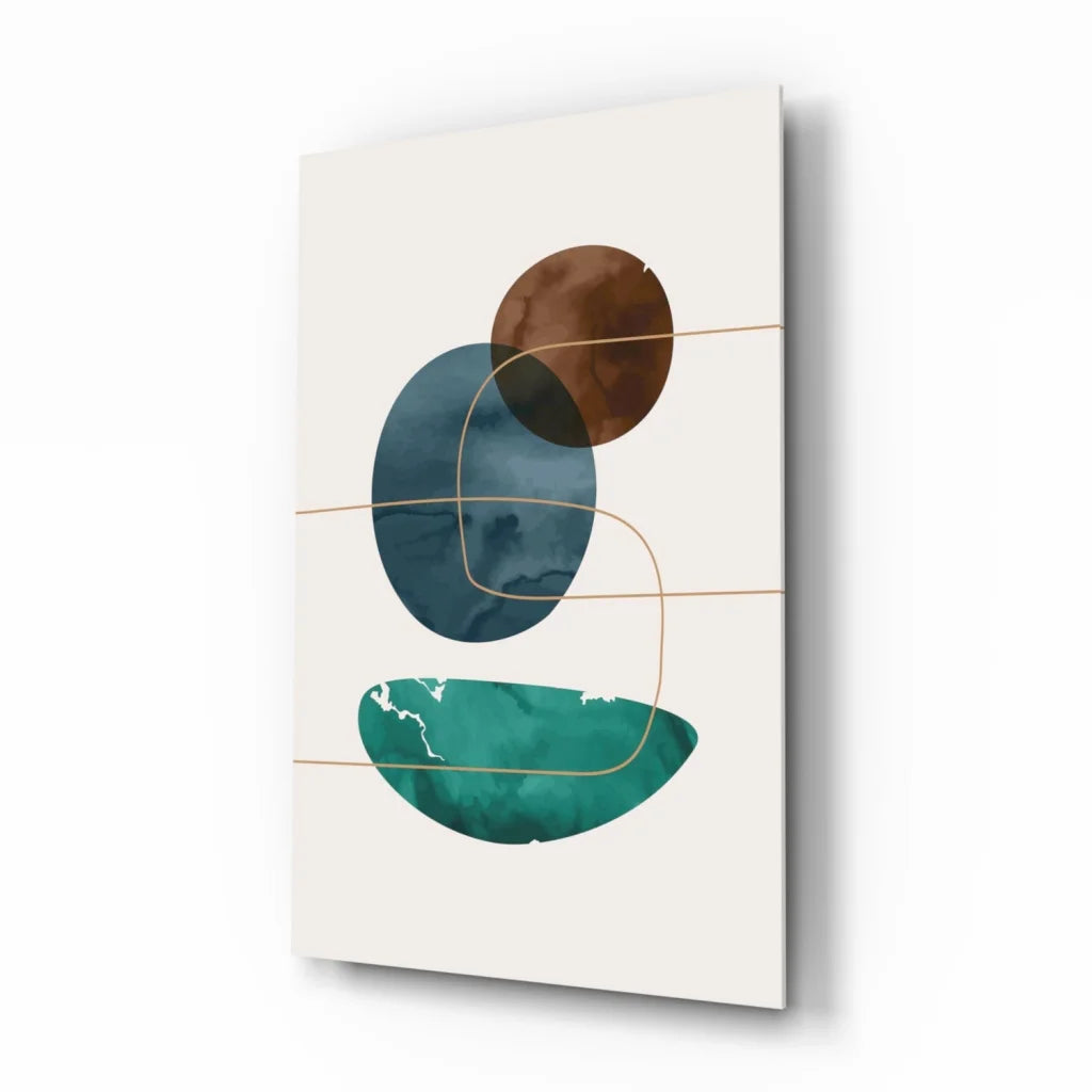 Stunning teal and brown circle glass wall art print on white background