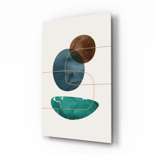 Stunning teal and brown circle glass wall art print on white background