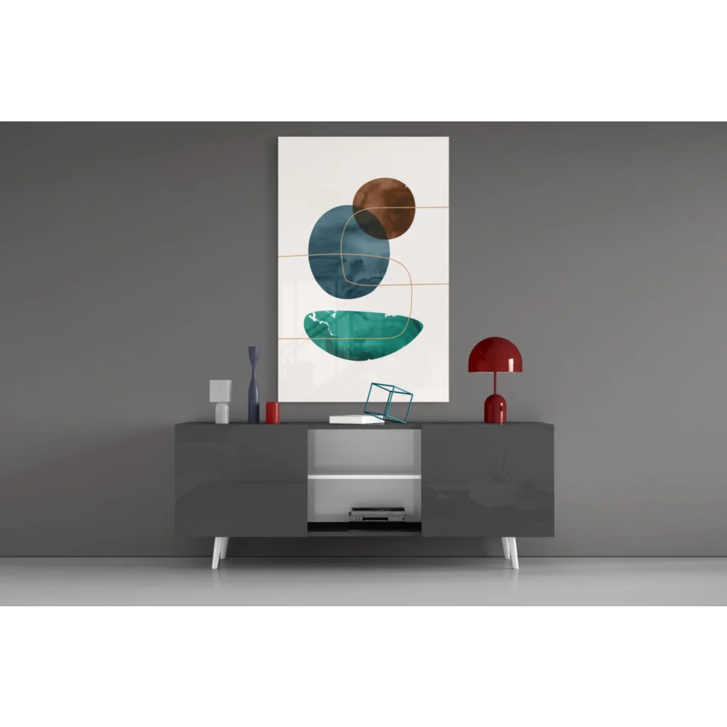 Modern teal and gold circle glass wall art print on white background