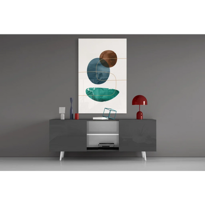 Modern teal and gold circle glass wall art print on white background