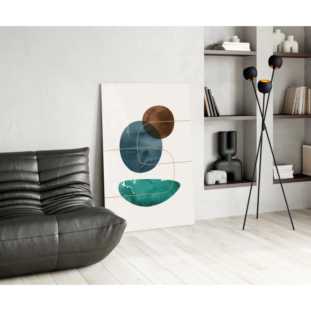Stunning teal and brown circle glass wall art print