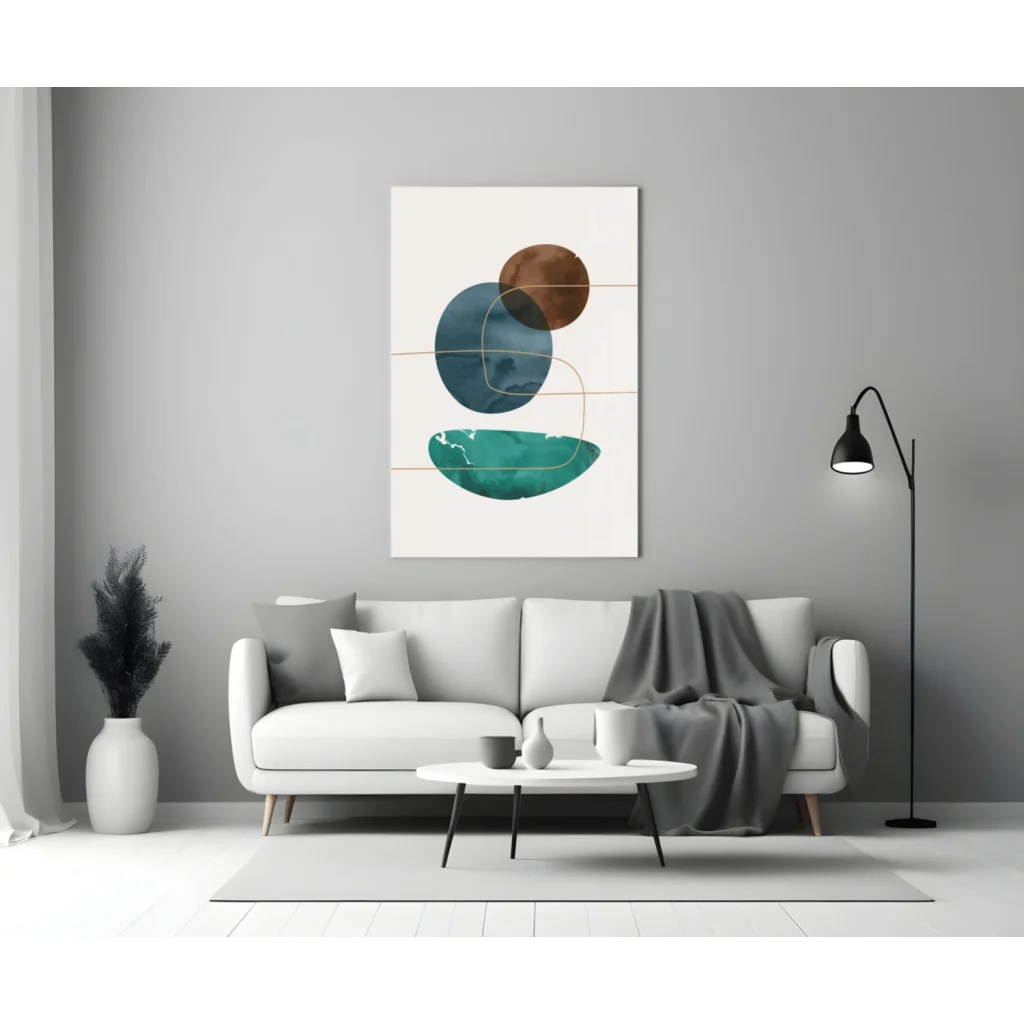 Stunning teal and brown circle glass wall art print