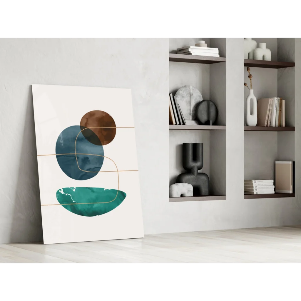 Stunning teal and brown circle glass wall art print on wood