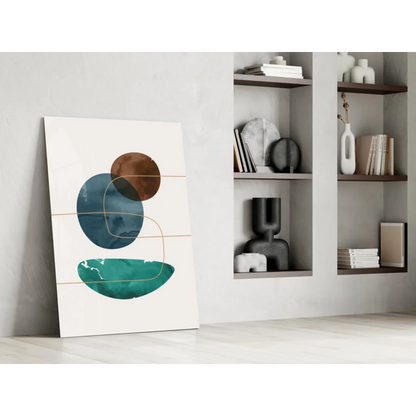 Stunning teal and brown circle glass wall art print on wood