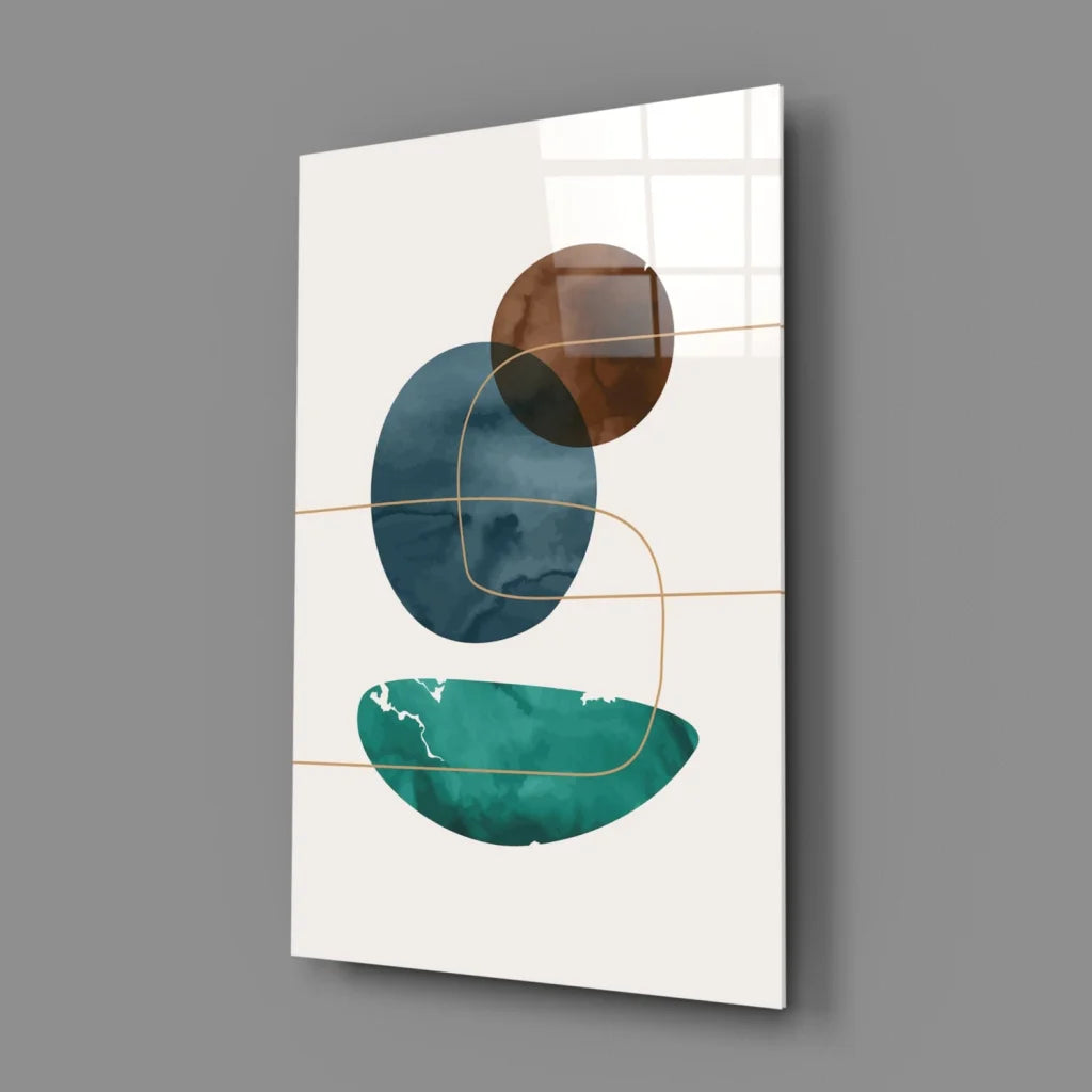 Stunning teal and brown circle glass wall art print on white rectangle