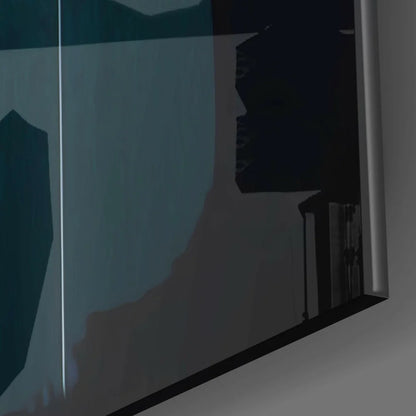 Stunning teal butterfly glass wall art with 32-inch flat-screen TV black frame