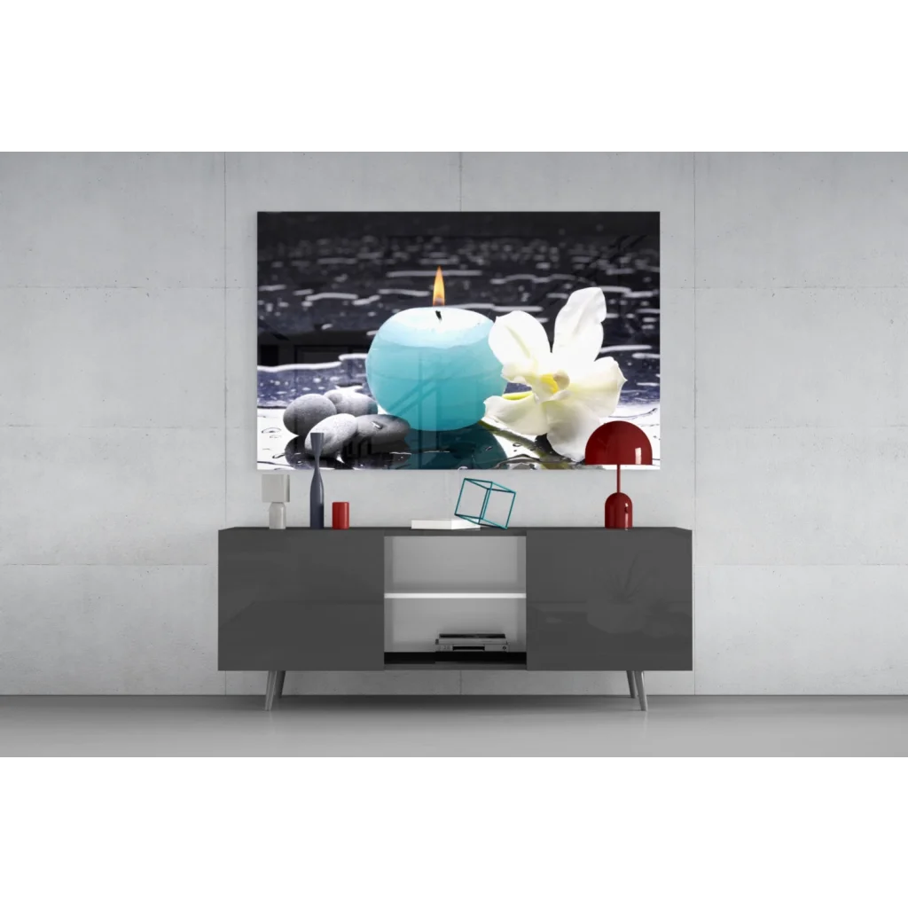 Modern gray sideboard with teal orchid glass wall art print