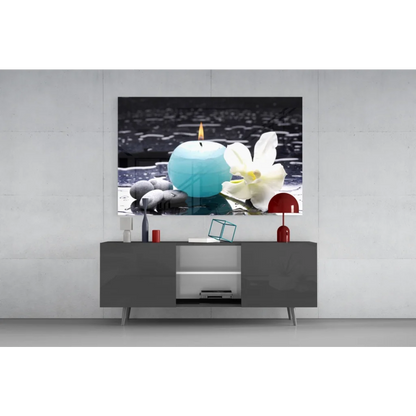 Modern gray sideboard with teal orchid glass wall art print