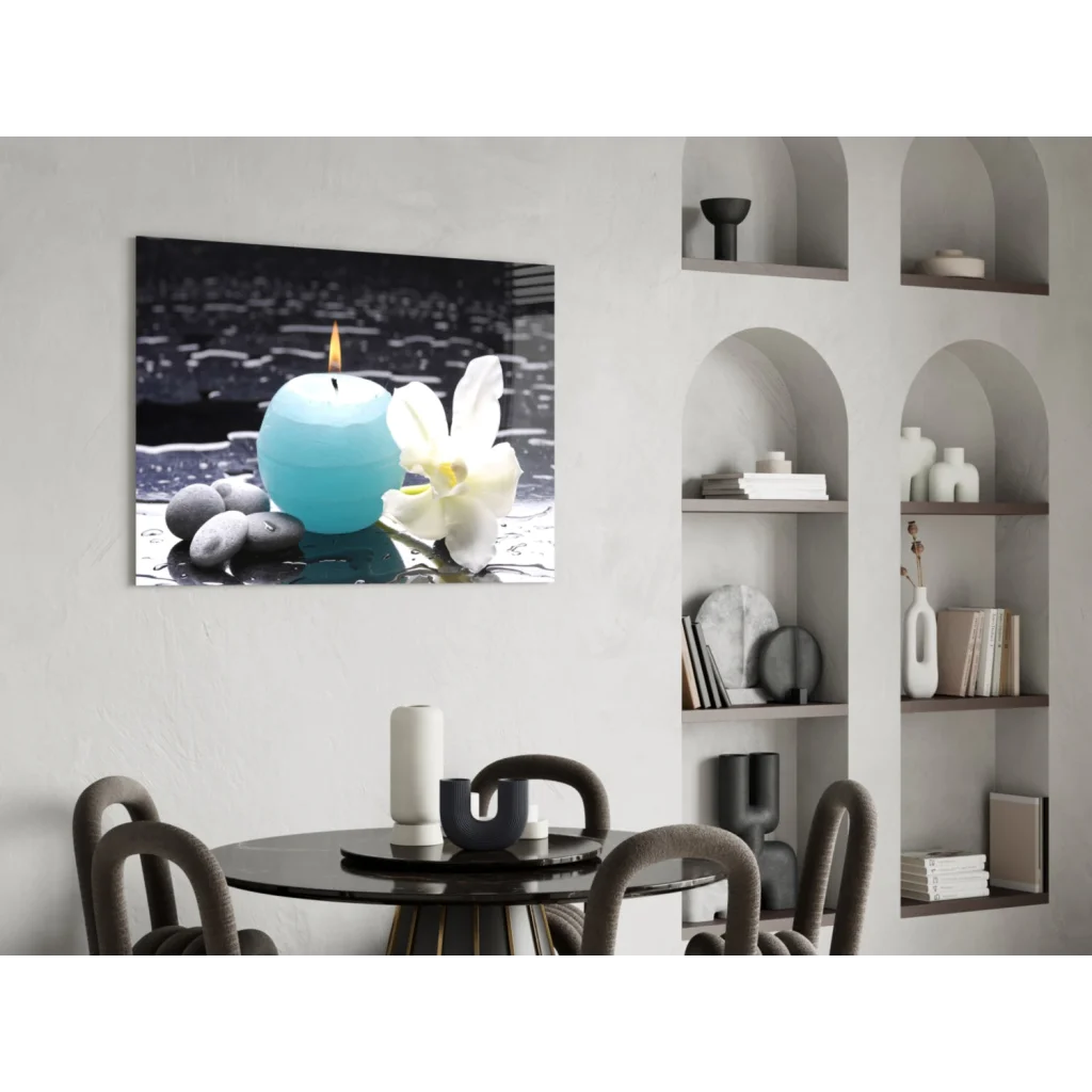 Stunning teal candle with white orchid on black base glass wall art