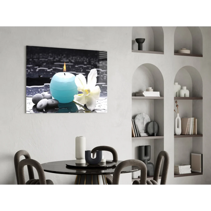 Stunning teal candle with white orchid on black base glass wall art