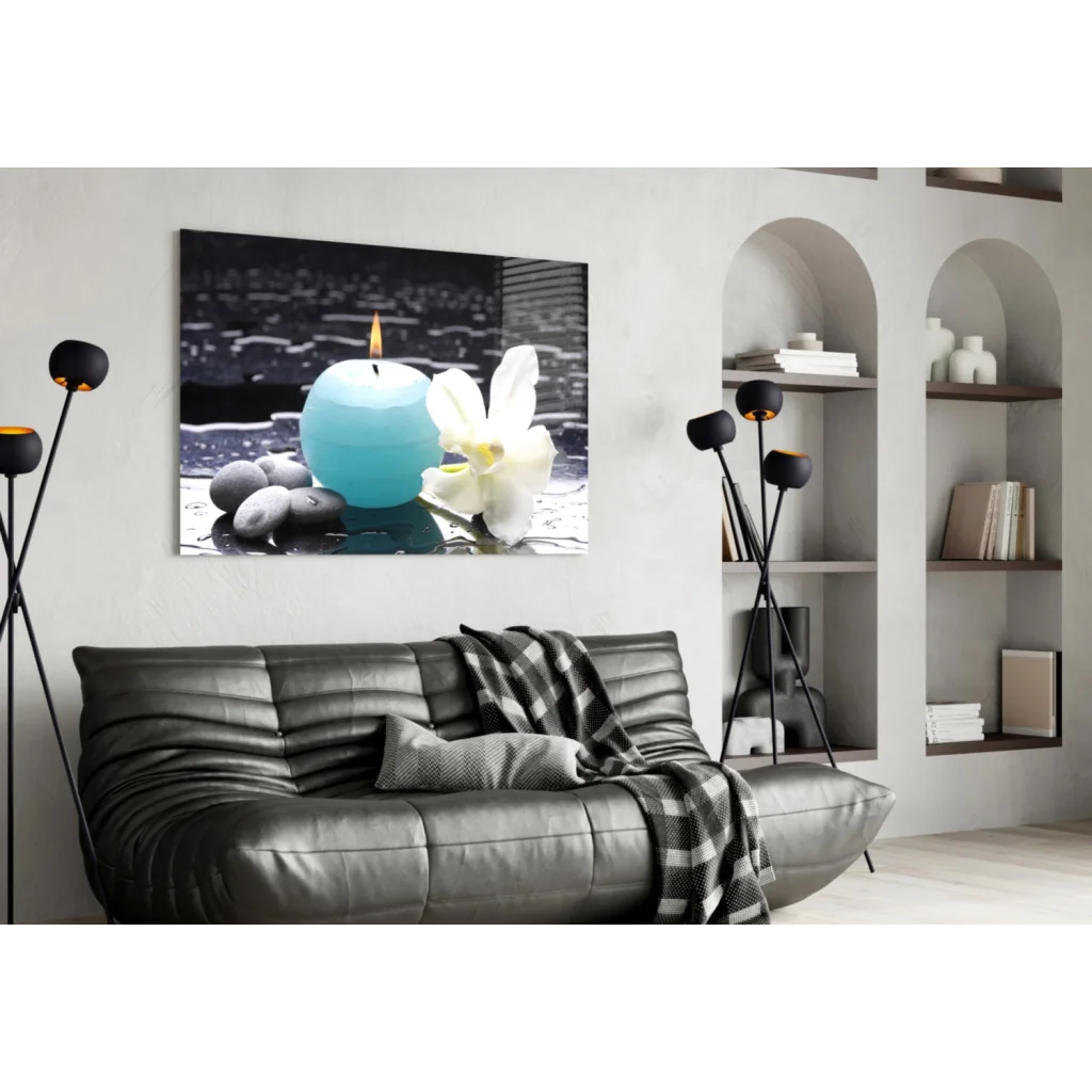 Stunning teal candle orchid glass wall art with blue candle, white orchid, black stones