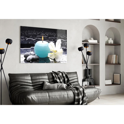 Stunning teal candle orchid glass wall art with blue candle, white orchid, black stones